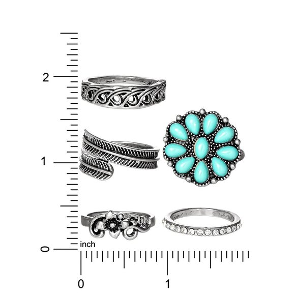 Jessica Simpson Faux Silver Tone  Turquoise Stone Ring Set  Set of 5 - Picture 6 of 7